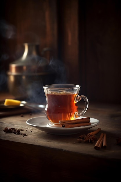 A cup of tea with cinnamon sticks on a table