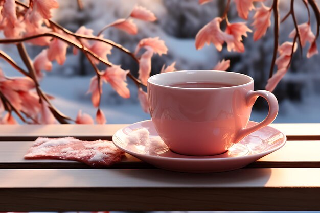 Cup of tea with cinnamon on the windowsill Winter background