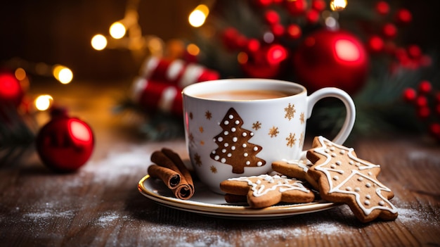 a cup of tea with cookies and a cup of tea on a wooden table