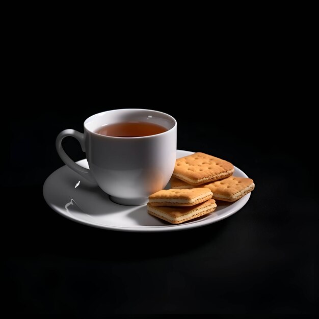 Cup of tea with crackers on a black background top view