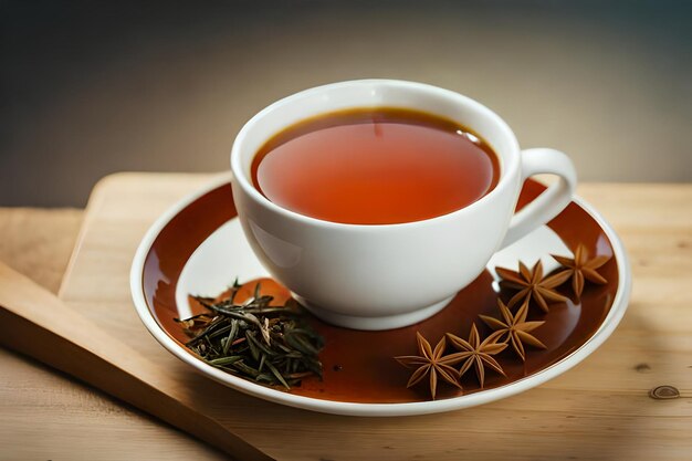 a cup of tea with a cup of tea and a plate of cookies.