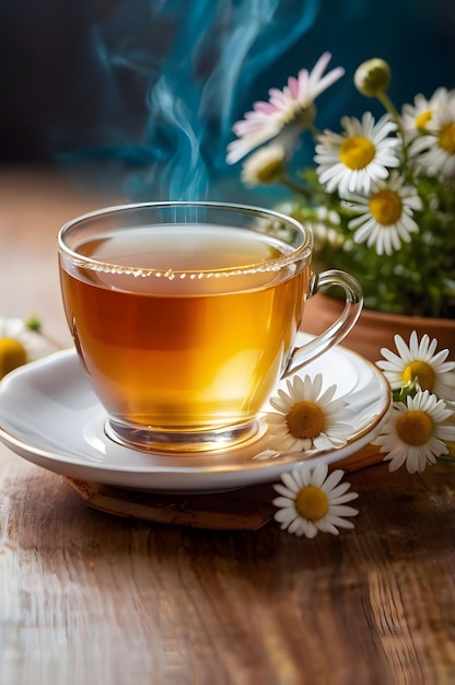 a cup of tea with daisies on a plate and a cup of tea