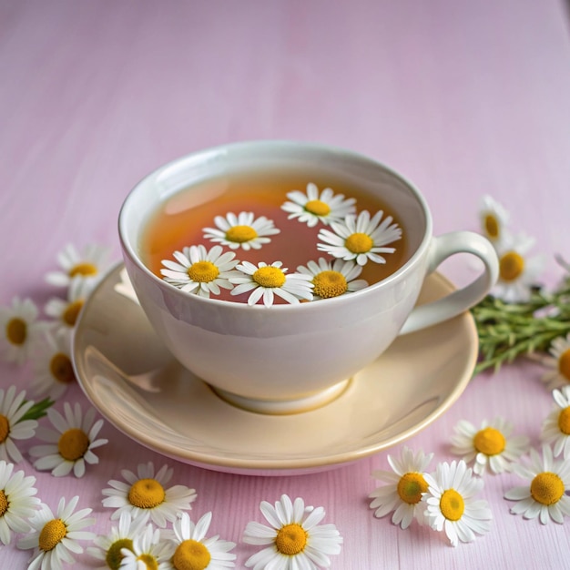 a cup of tea with daisies on a saucer ai generated