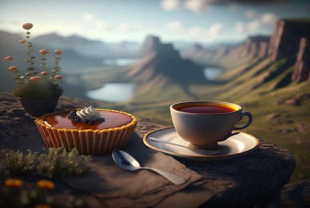 Cup of tea with dessert on beautiful landscape background Generative AI