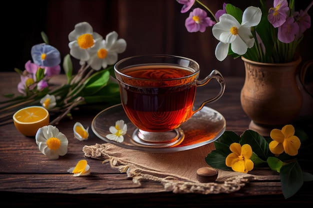 A cup of tea with flowers in the background