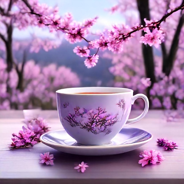 a cup of tea with flowers on the side of it