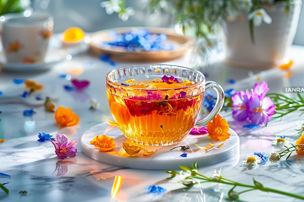 A cup of tea with flowers on a table