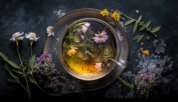 A cup of tea with flowers on a table