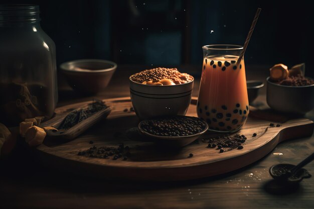 A cup of tea with a glass of milk and a cup of tea on a wooden tray