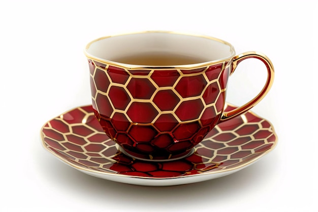 a cup of tea with a gold design