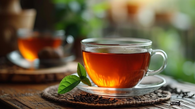 a cup of tea with a green leaf on the top