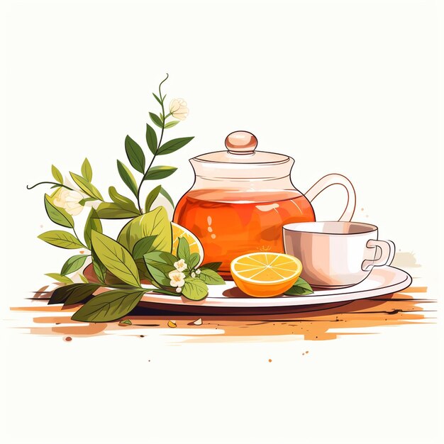 Cup of tea with green leaves on a white background Vector illustration