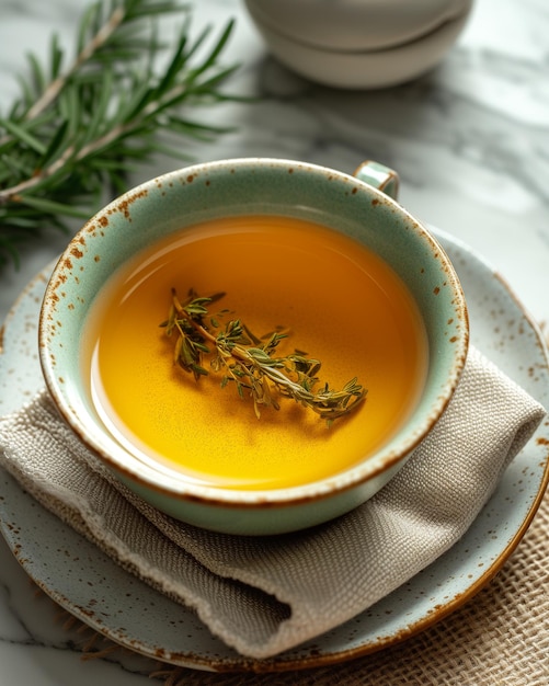 a cup of tea with a green sprig of rosemary in it