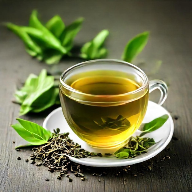 Photo a cup of tea with green tea and leaves on a plate