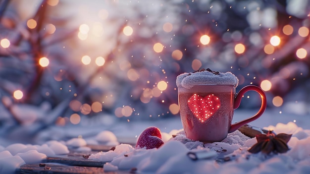 Photo a cup of tea with a heart shaped candle in the snow