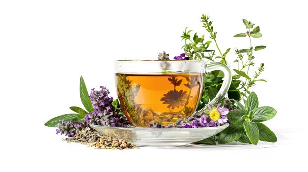 A cup of tea with herbs and flowers Perfect for promoting relaxation and wellness