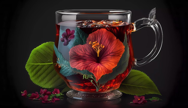 A cup of tea with a hibiscus flower