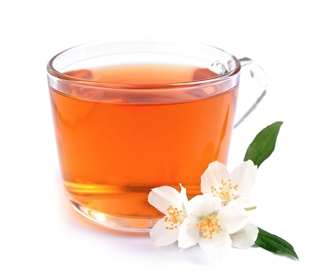 Cup of tea with jasmine on the white background