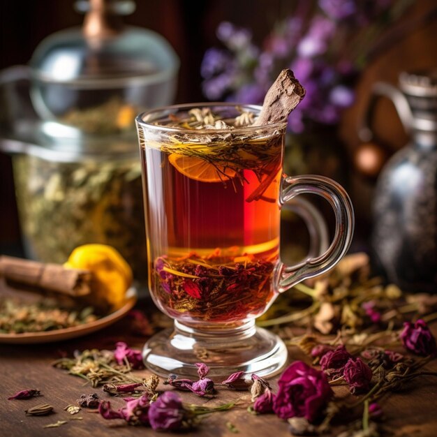 A cup of tea with a leaf on it next to a cinnamon stick.