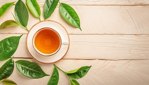 a cup of tea with leaves on a wooden background