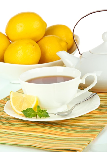 Cup of tea with lemon closeup