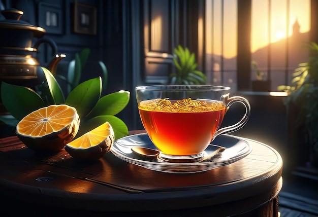 a cup of tea with a lemon and a cup of tea