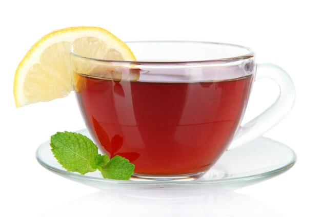 Cup of tea with lemon isolated on white