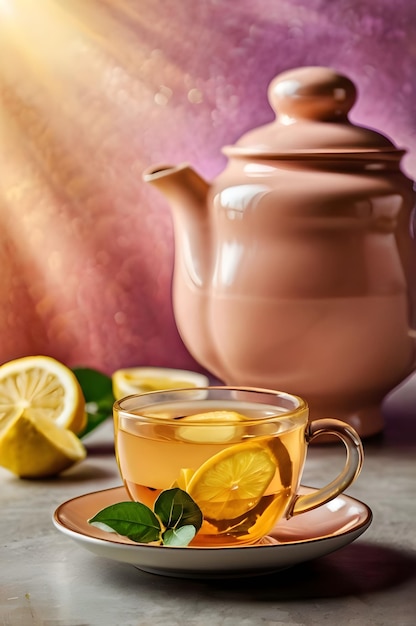 a cup of tea with a lemon on it and a lemon on the side