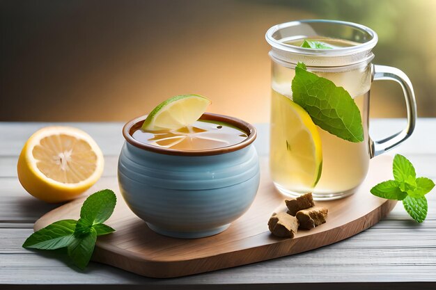 A cup of tea with lemon slices and a glass of lemonade on a wooden tray.