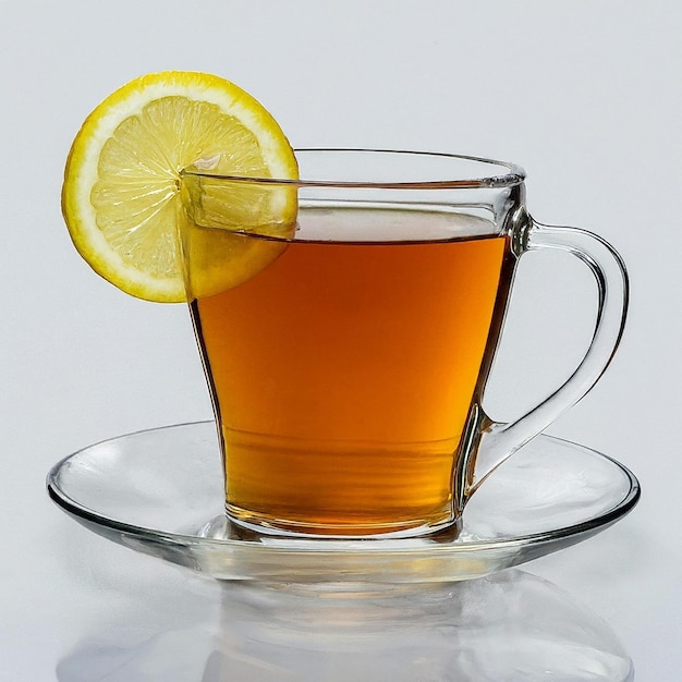 a cup of tea with lemon slices on a glass plate