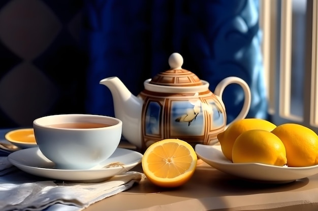 Cup of tea with lemon and teapot on the table