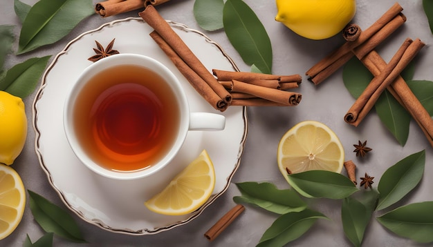 a cup of tea with lemons and cinnamon sticks on a plate