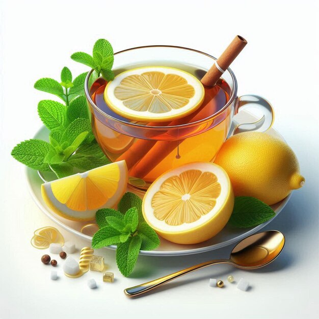 a cup of tea with lemons and mint leaves on it