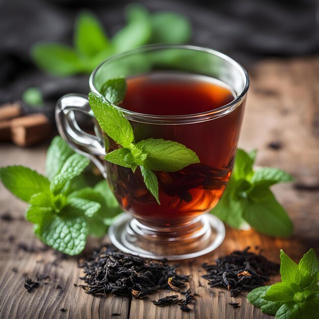 a cup of tea with mint leaves and a sprig of mint