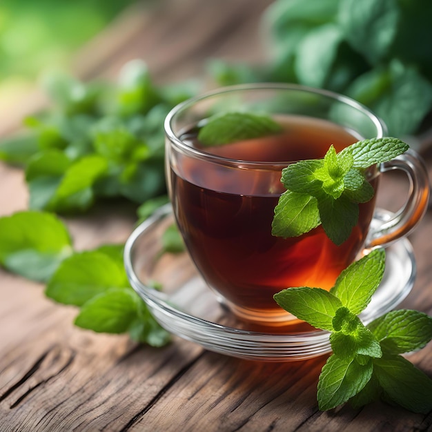 a cup of tea with mint leaves on a wooden table