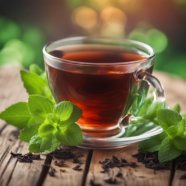 a cup of tea with mint leaves on a wooden table