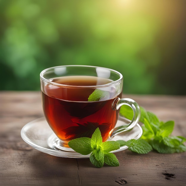 a cup of tea with mint leaves on a wooden table