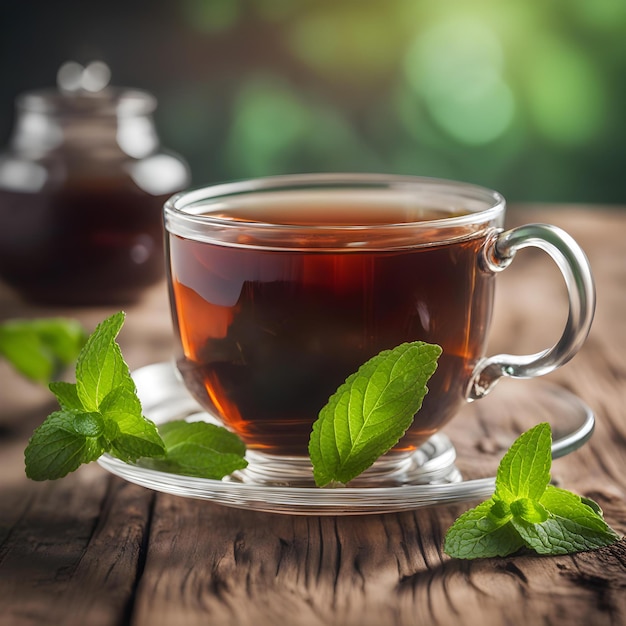 a cup of tea with mint leaves on a wooden table