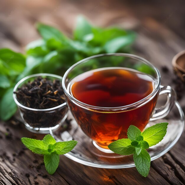 a cup of tea with mint leaves on a wooden table