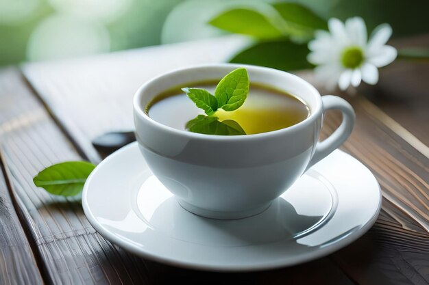 a cup of tea with mint leaves on a wooden table