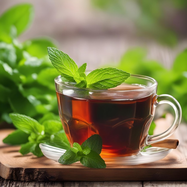 a cup of tea with mint leaves on a wooden tray