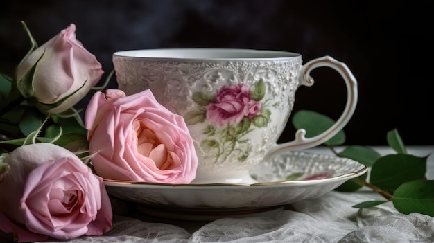 A cup of tea with roses on it