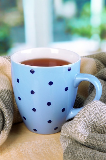 Cup of tea with scarf on table in room