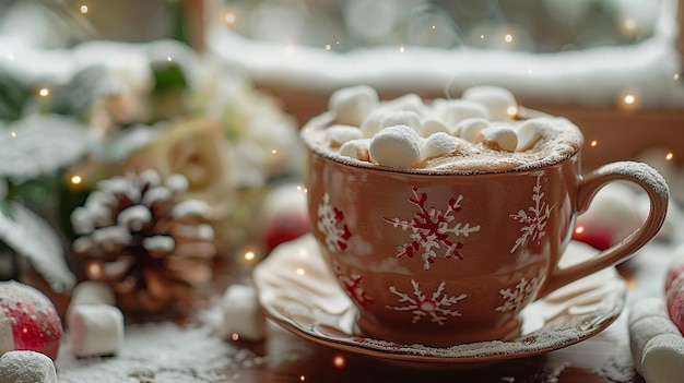 a cup of tea with snowflakes and a christmas decoration