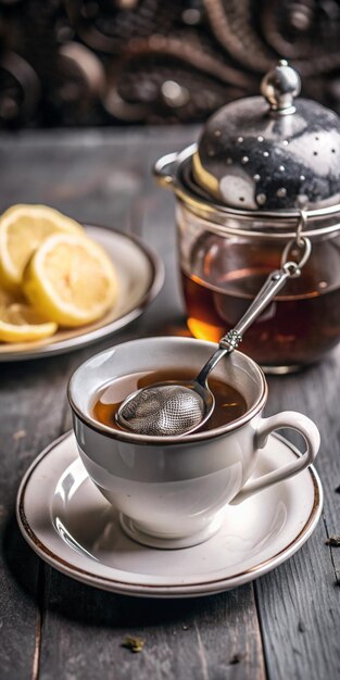 Photo a cup of tea with a spoon in it and two cups of tea