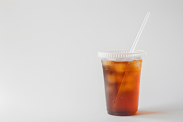 A cup of tea with a straw in it