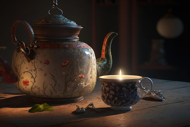 A cup of tea with a sugar bowl and a teapot a drab background looking up