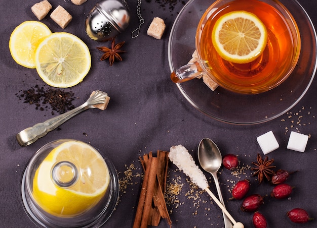 Cup of tea with sugar and spices