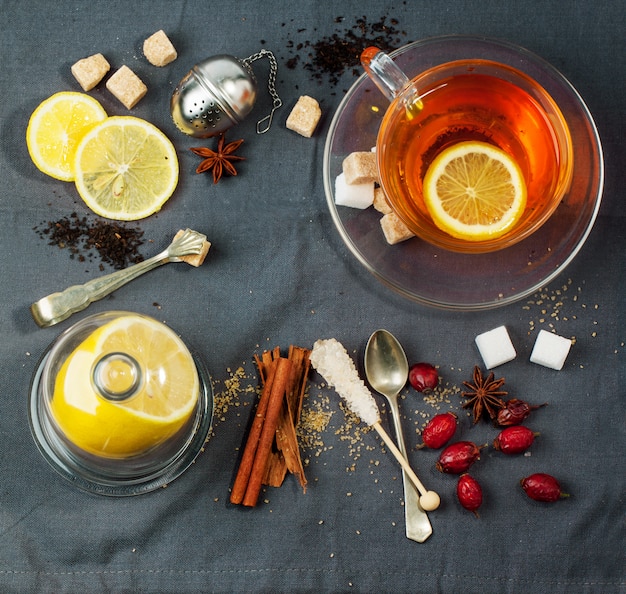 Cup of tea with sugar and spices