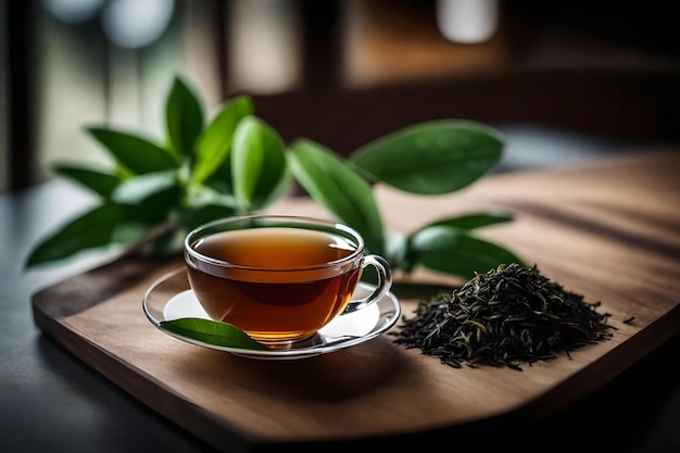 A cup of tea with a tea leaf on a table